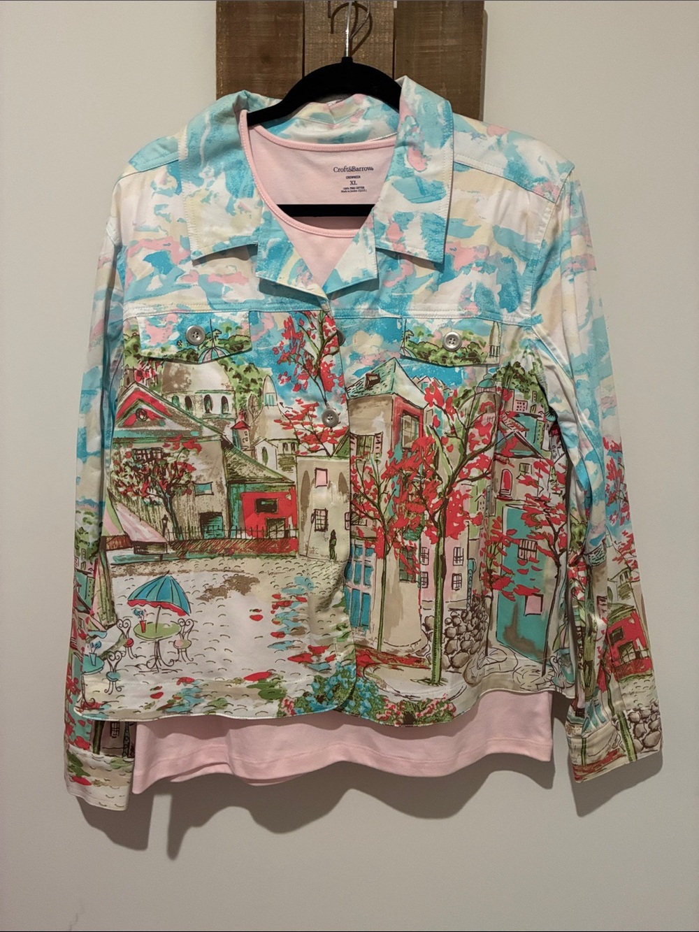 Christopher & Banks Scenic Village Print Jacket - Pink, Aqua, Red, Green